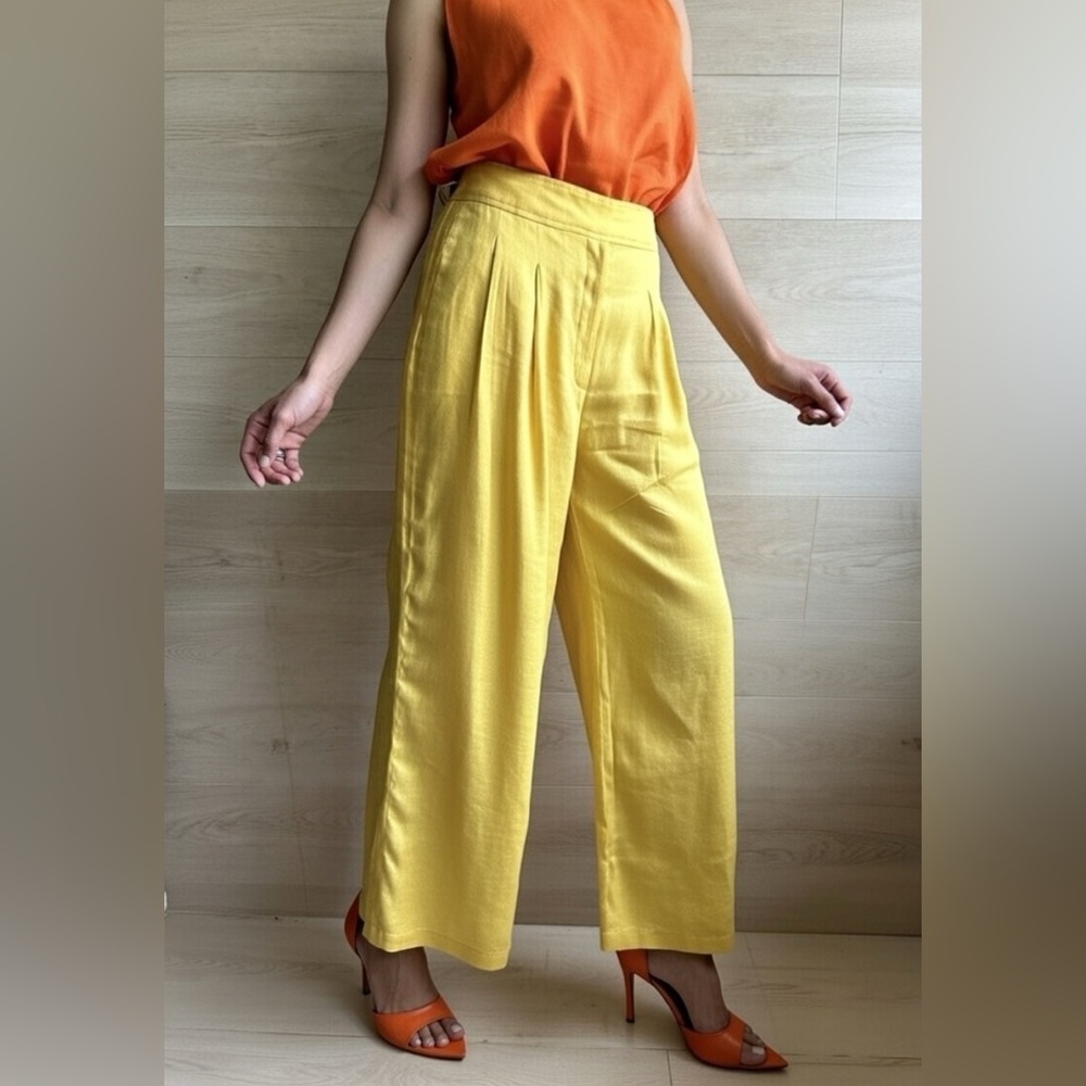 Elie Tahari Yellow Linen Wide Legged Trousers, Size 10